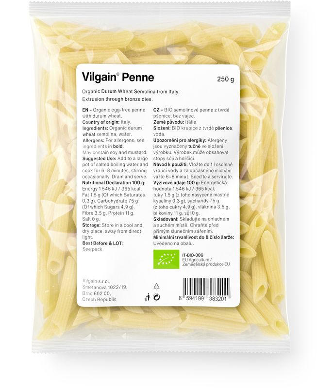 Vilgain Penne těstoviny BIO semolinové 250 g Obrázek