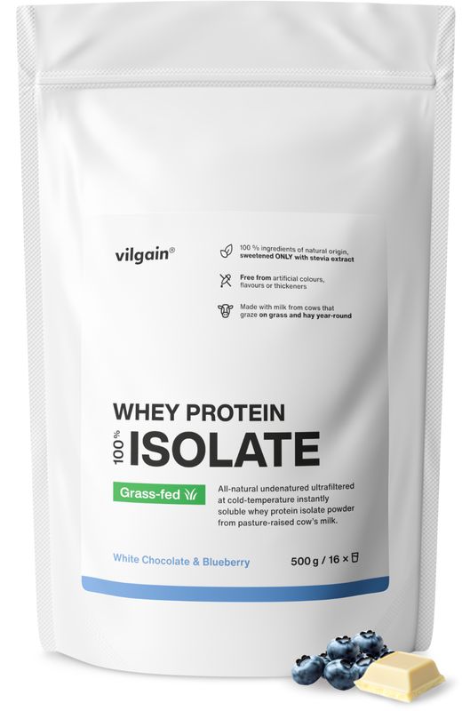 Vilgain Grass-Fed Whey Protein Isolate – bílá čokoláda s borůvkami 500 g