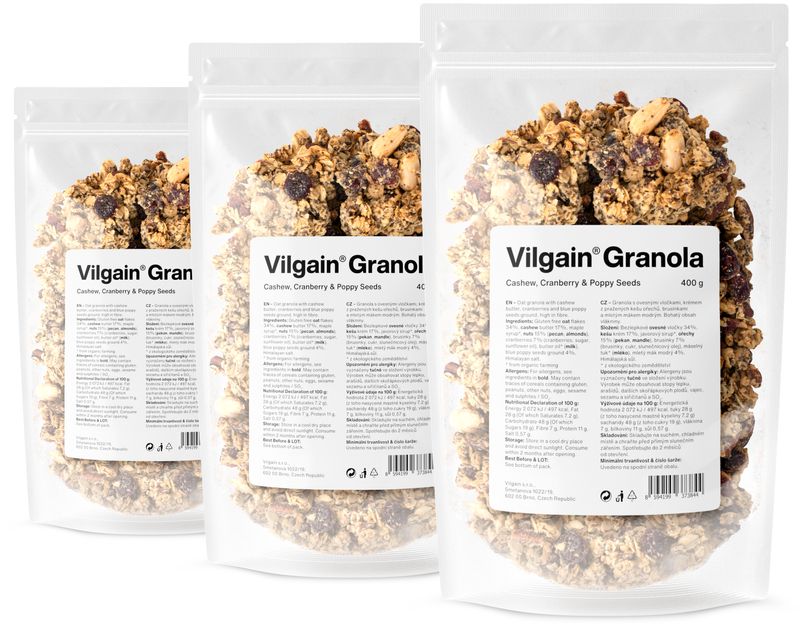 Vilgain Granola –  3× kešu, brusinky a mák 400 g Obrázek