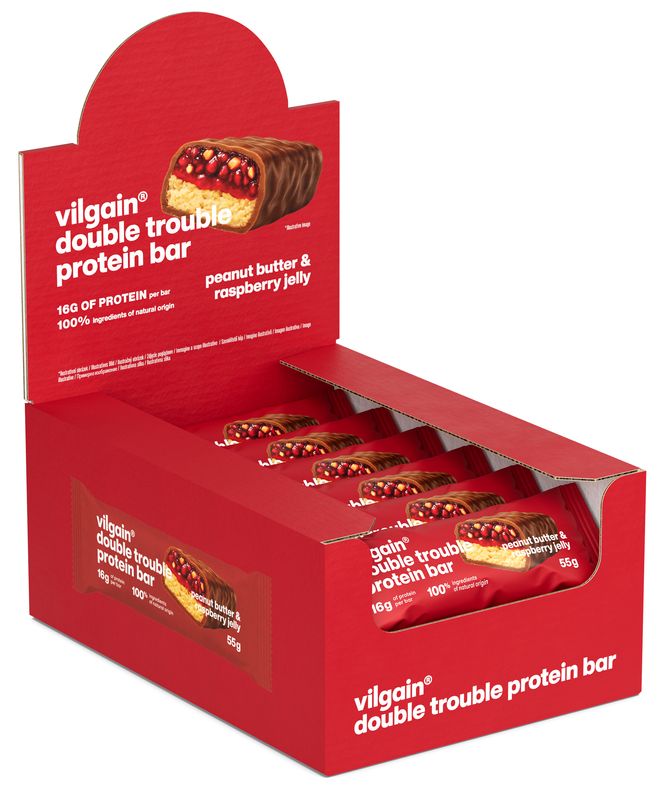 Vilgain Double Trouble Protein Bar –  12× arašídové máslo & malinový džem 55 g
