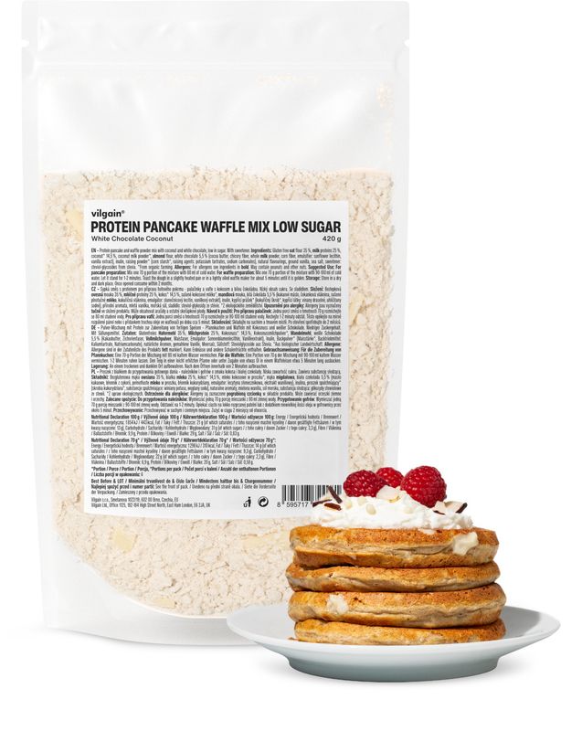 Vilgain Protein Pancake & Waffle Mix Low Sugar – bílá čokoláda a kokos 420 g