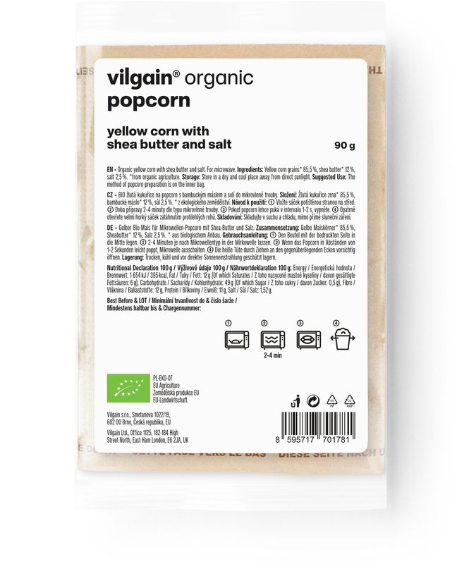 Levně Vilgain Popcorn do mikrovlnky BIO – solený ze žluté kukuřice 90 g