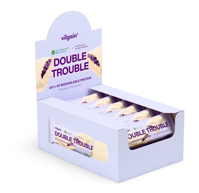 Vilgain Double Trouble Protein Bar –  12× borůvkový cheesecake 55 g Obrázek