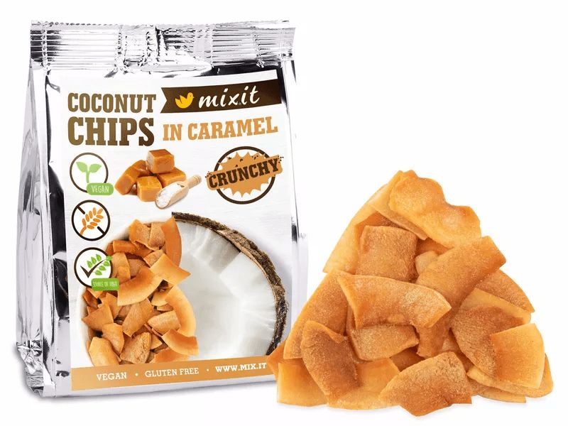 Mixit Kokosové chipsy do vrecka – karamel 60 g