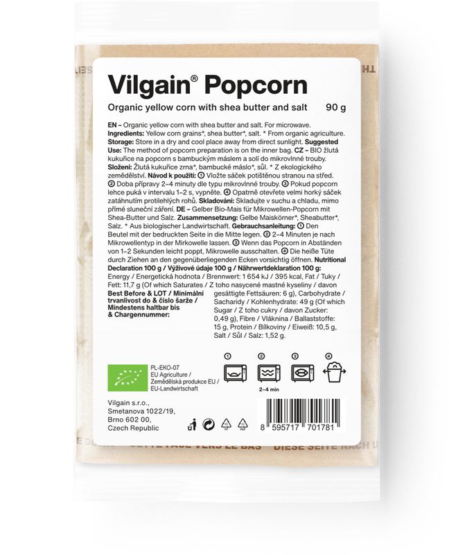 Vilgain Popcorn do mikrovlnky BIO solený ze žluté kukuřice 90 g