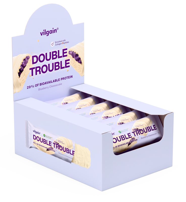 Vilgain Double Trouble Protein Bar –  12× borůvkový cheesecake 55 g Obrázek