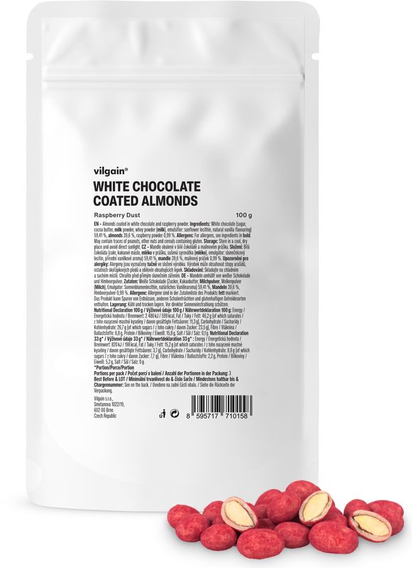 Vilgain Mandle v čokoládě bílá čokoláda v malinovém prášku 100 g