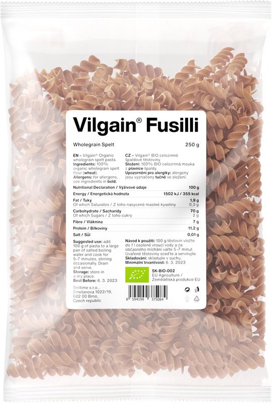Vilgain Fusilli těstoviny BIO špaldové 250 g Obrázek