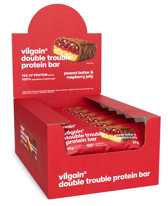 Vilgain Double Trouble Protein Bar – 12× arašídové máslo & malinový džem 55 g
