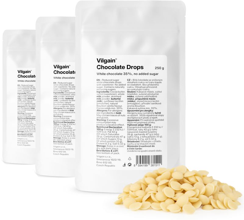 Vilgain Čokoládové pecky bez přidaného cukru – 3× bílá čokoláda 250 g
