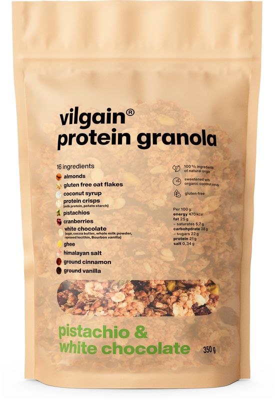 Levně Vilgain Protein Granola – Pistácie, bílá čokoláda a brusinky 350 g