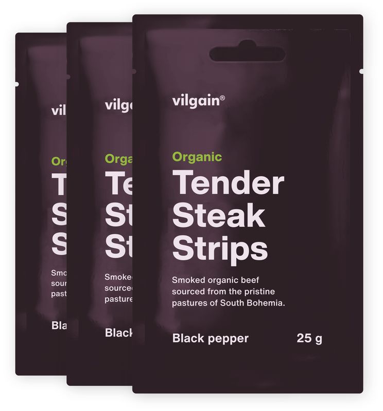 Vilgain Sušené steakové proužky BIO – 3× černý pepř 25 g
