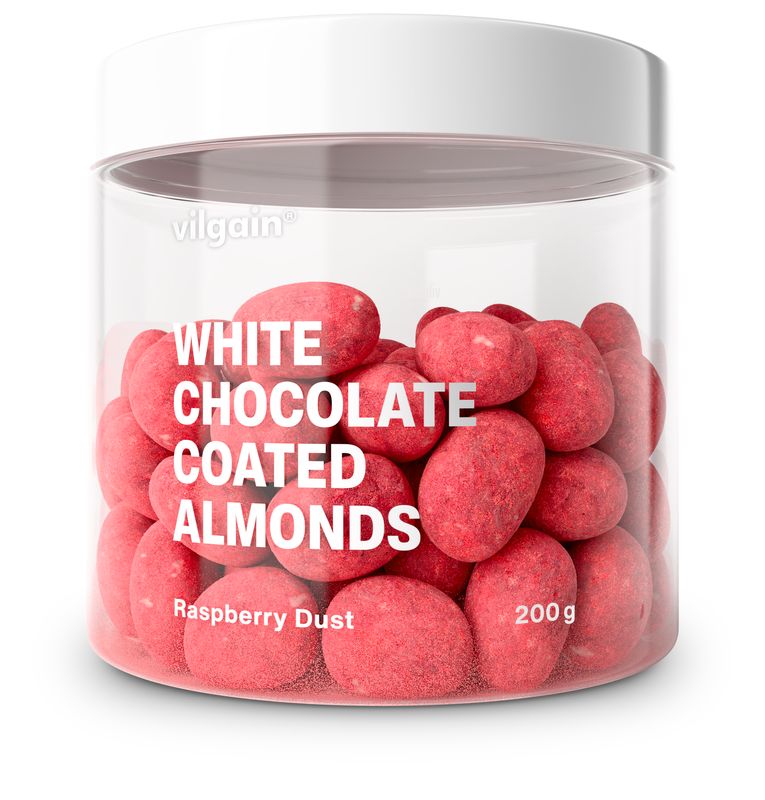 Vilgain Mandle v čokoláde –  3× biela čokoláda v malinovom prášku 200 g (dóza)