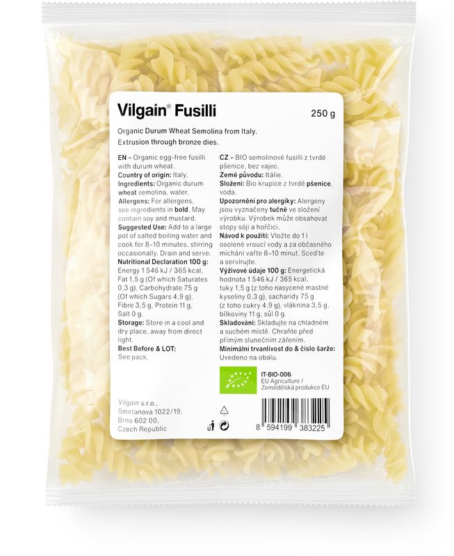 Vilgain Fusilli těstoviny BIO semolinové 250 g Obrázek