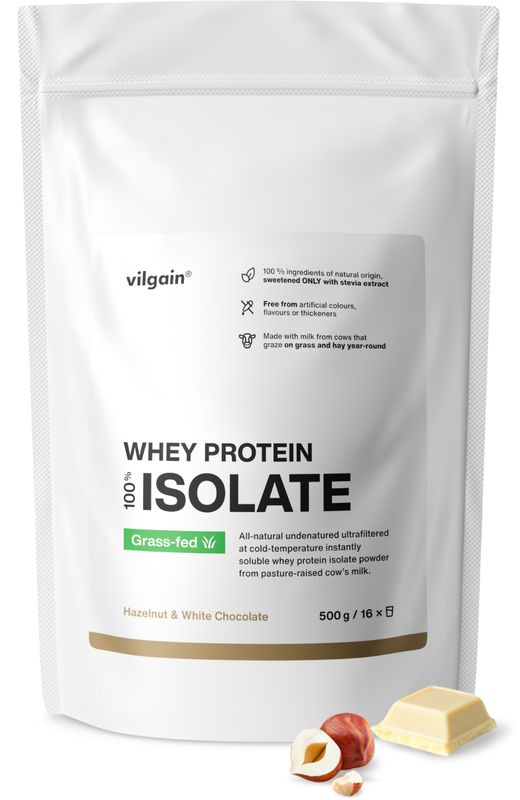 Vilgain Grass-Fed Whey Protein Isolate – Bílá čokoláda a lískový oříšek 500 g