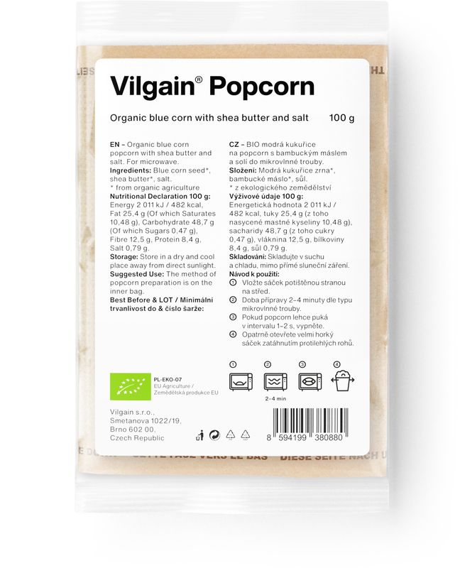 Vilgain Popcorn do mikrovlnky BIO bambucké máslo se solí 100 g Obrázek