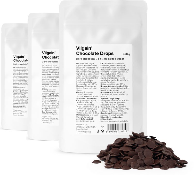 Vilgain Čokoládové pecky bez přidaného cukru – 3× hořká čokoláda 250 g