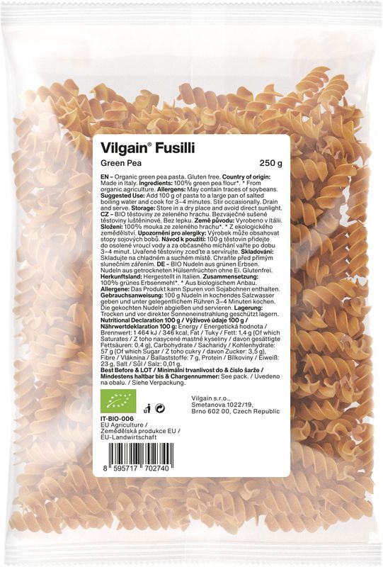 Vilgain Fusilli těstoviny BIO zelený hrách 250 g Obrázek