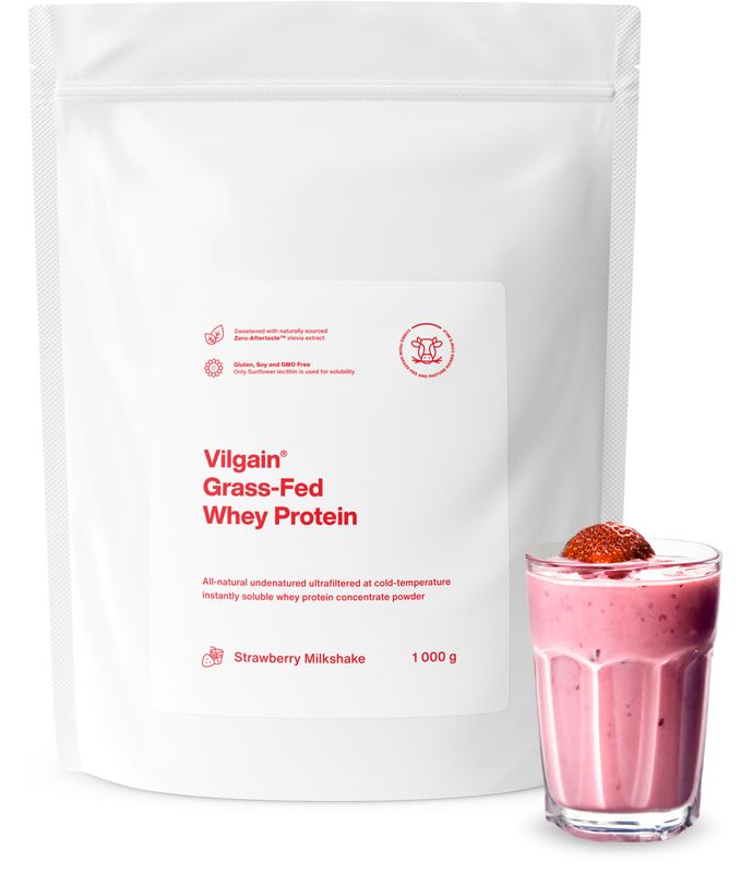 Vilgain Grass-Fed Whey Protein jahodový milkshake 1000 g Obrázek