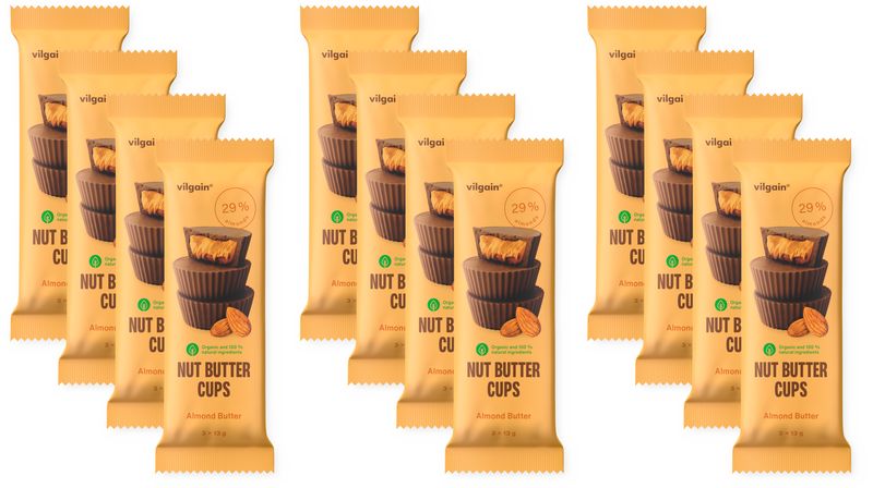Vilgain Nut Butter Cups BIO –  12× mandľové maslo 39 g (3 x 13 g) Obrázek