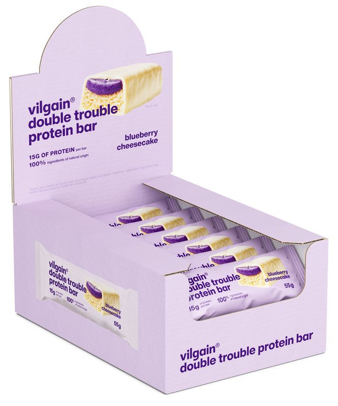 Vilgain Double Trouble Protein Bar –  12× borůvkový cheesecake 55 g Obrázek
