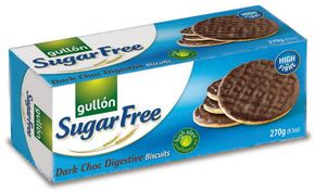 Gullón Digestive dark choc celozrnné sušienky polomáčané v tmavej čokoláde, bez cukru, so sladidlami