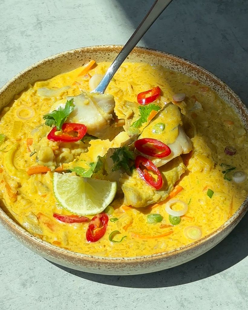 Gemüse-Curry mit Kabeljau und Reis