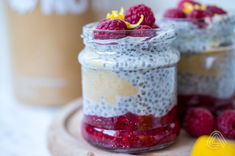 Malinový chia pudink s kokosovým mlékem