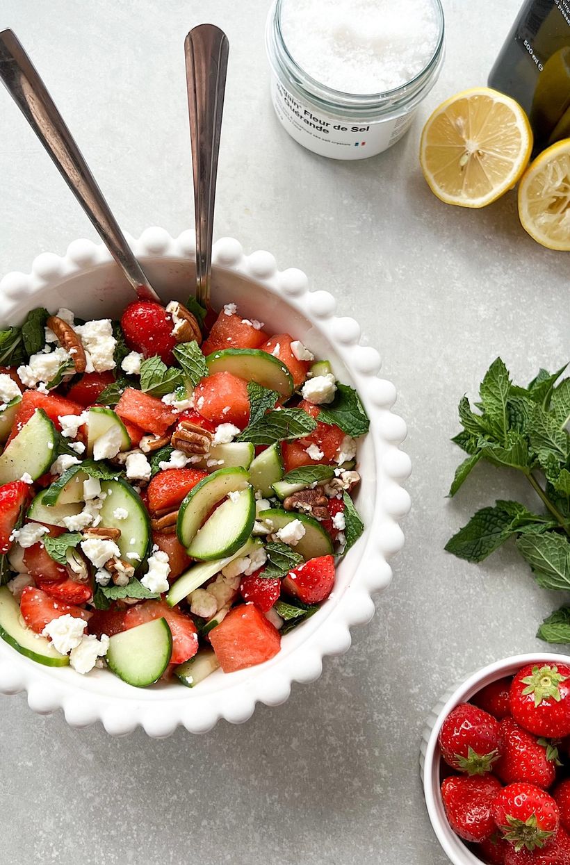 Watermelon Feta Salad with Cucumber & Strawberries