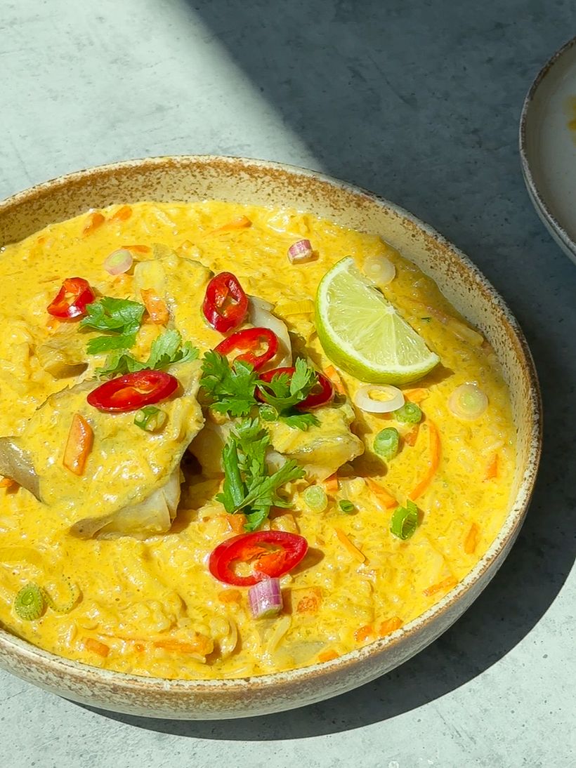Gemüse-Curry mit Kabeljau und Reis