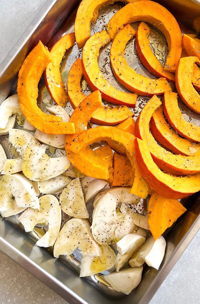 Falafel s rýží, miso omáčkou a dýní