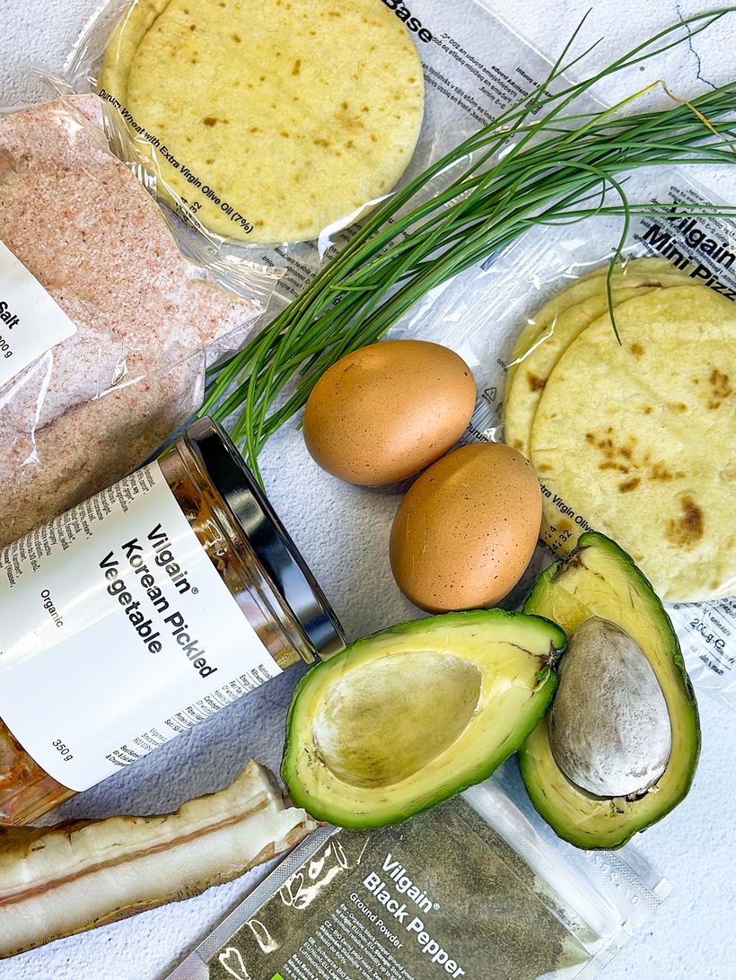 Breakfast Tacos with Scrambled Eggs, Bacon & Kimchi