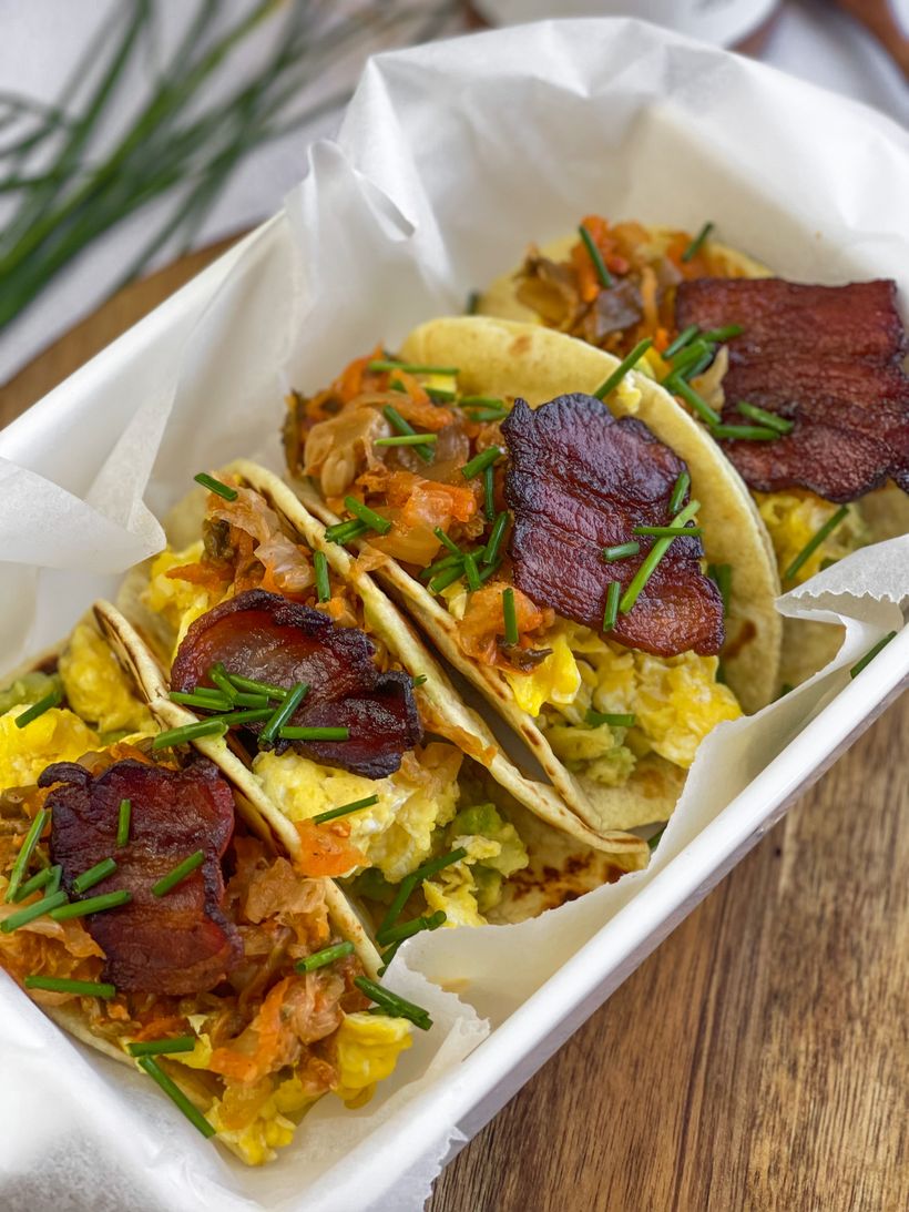 Breakfast Tacos with Scrambled Eggs, Bacon & Kimchi