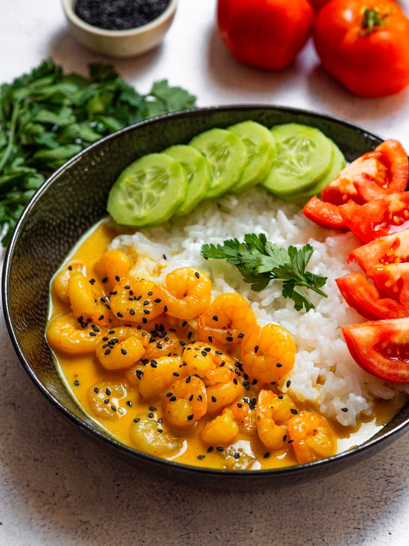 Krevety na kari s kokosovým mliekom