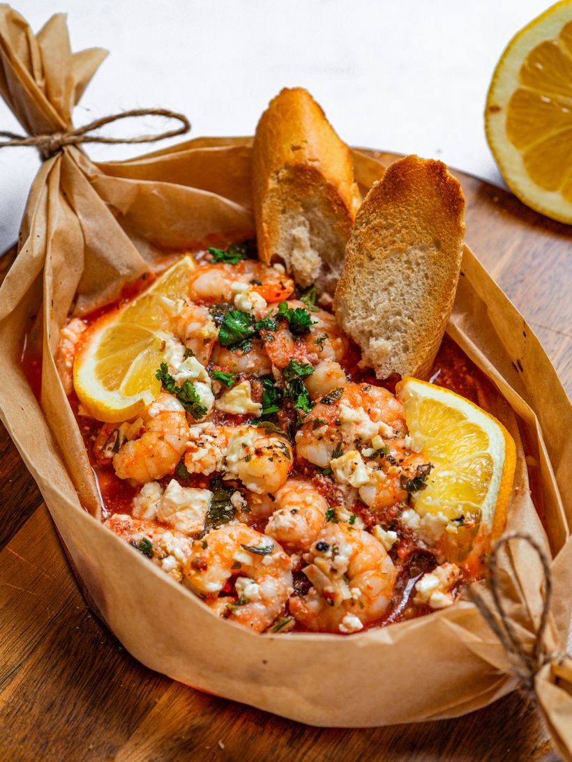 Gebackene Saganaki-Garnelen mit Feta-Käse