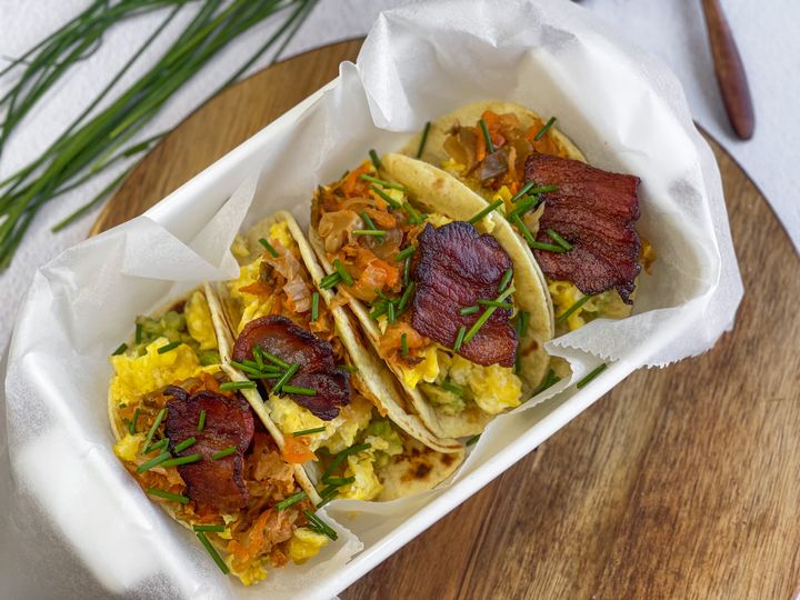 Breakfast Tacos with Scrambled Eggs, Bacon & Kimchi
