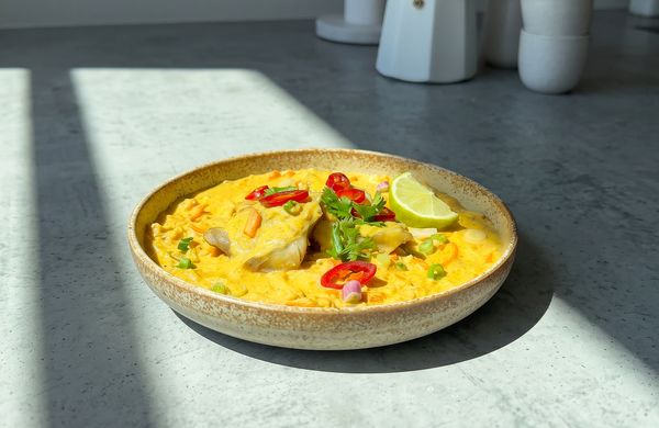 Gemüse-Curry mit Kabeljau und Reis