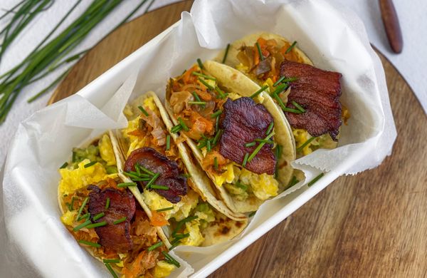 Breakfast Tacos with Scrambled Eggs, Bacon & Kimchi
