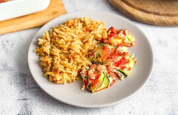 Courgette Rolls with Tomato Pasta